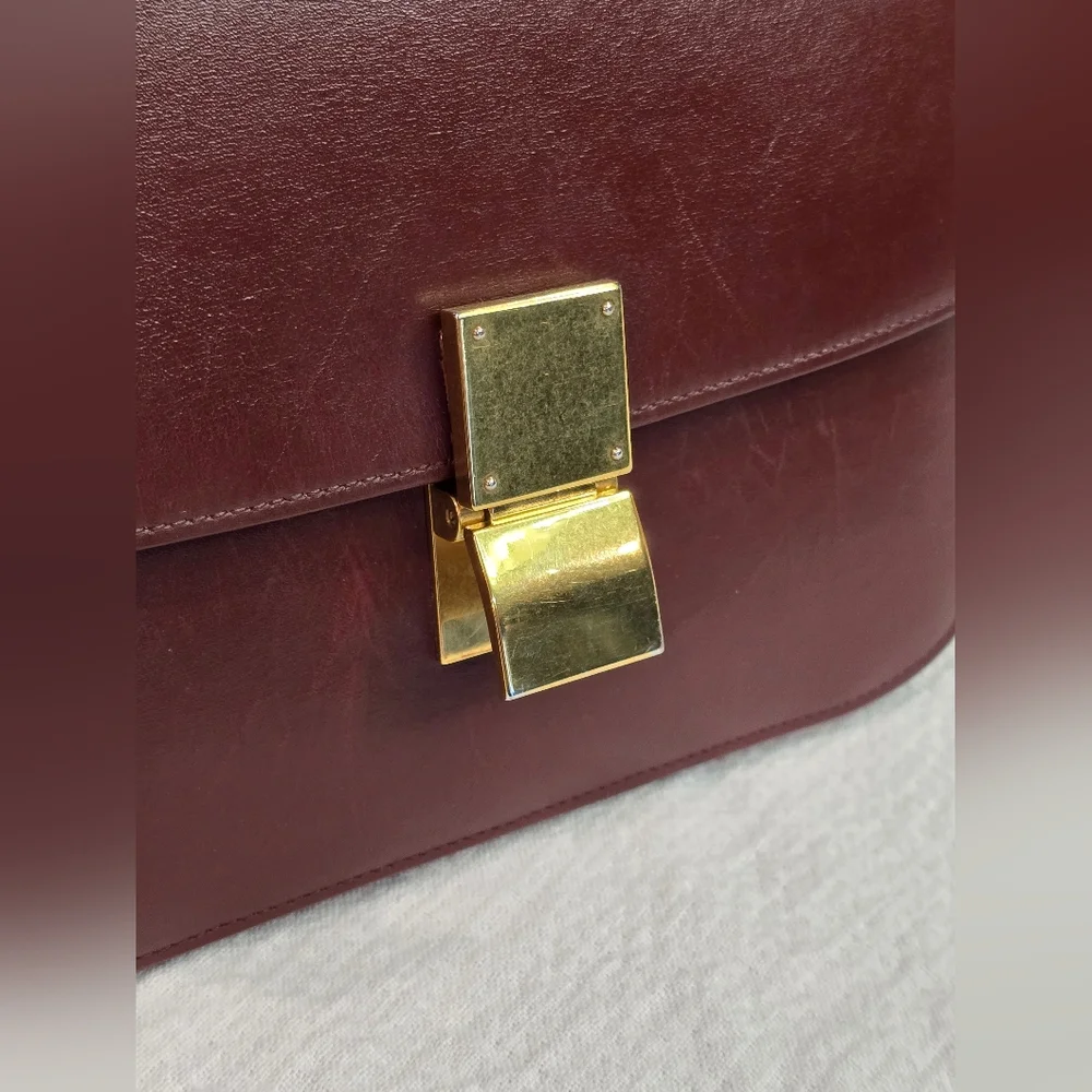 Celine Classic Box Leather Medium Bag Flap Purse Teen Triomphe Burgandy Brown - Picture 12 of 16